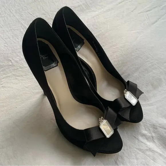 Vintage Christian Dior Logo Mirror Bow Ribbon Velvet Peep Toe Pumps Heels Black - Picture 2 of 11